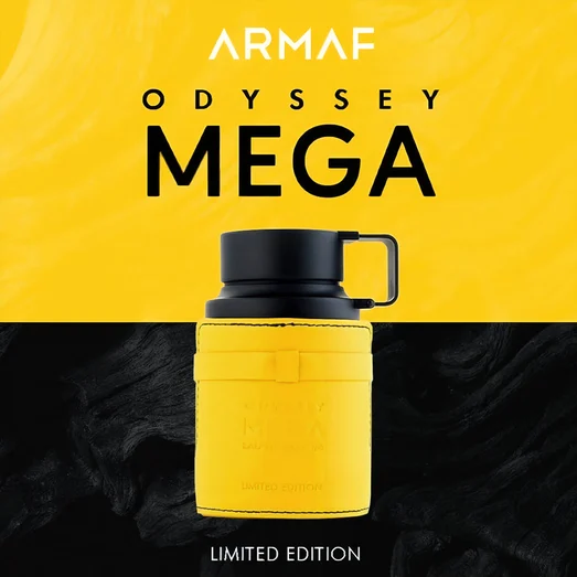 Yellow and black container with 'Armaf Odyssey Mega' text on a yellow and black background