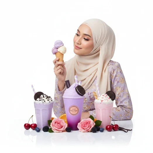WoLelaki memegangn ice cream cone dengan pelbagai minuman ais krim dan topping atas latar putih