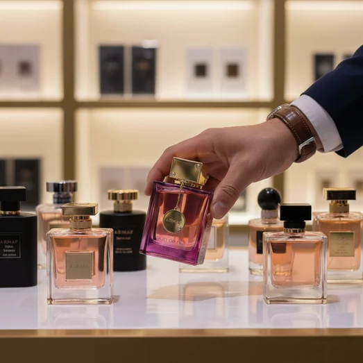 Man picking up Armaf Club De Nuit Untold from tester table at perfume shop