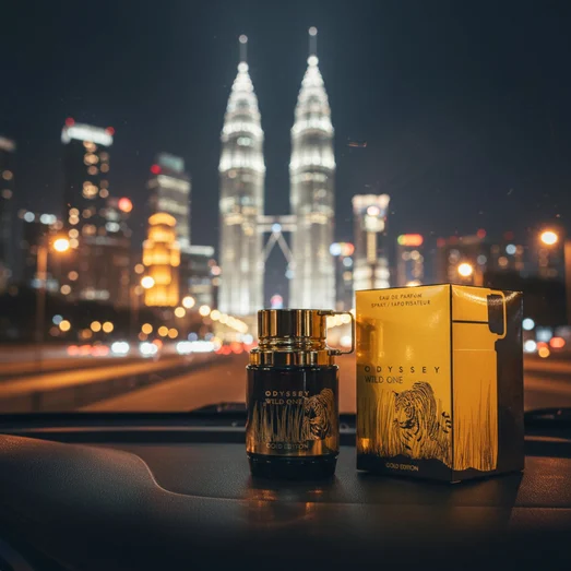 Odyssey Wild One Gold Edition by Armaf on car dashboard with city lights at night