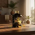 Shaghaf Man Lattafa Perfume bottle with floral elements on a wooden table in a softly lit room