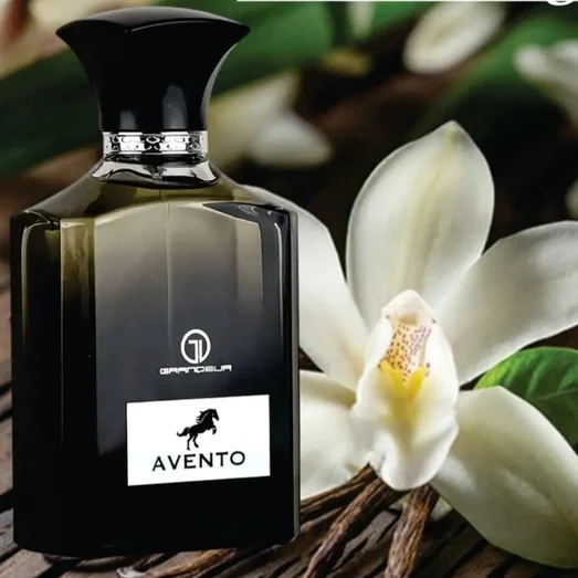 Avento vanilla fragrance bottle with flowers and vanilla beans on a wooden surface