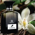 Avento vanilla fragrance bottle with flowers and vanilla beans on a wooden surface