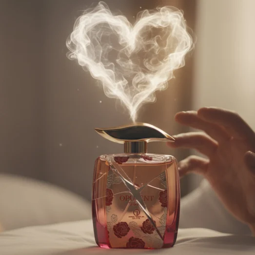 Opulent perfume bottle with red and gold design on a white background