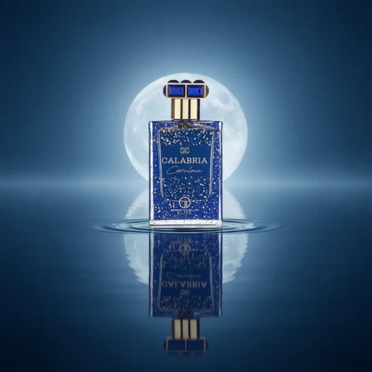 Blue speckled perfume bottle with gold accents and a keychain on a white background