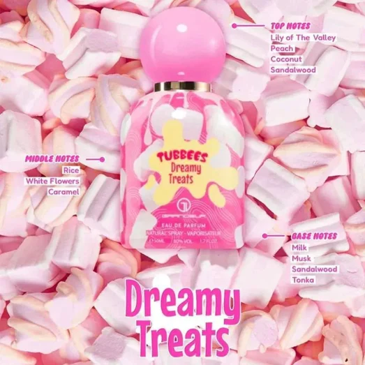 Fubbees Dreamy Treats perfume bottle on a bed of pink marshmallows with flavor notes text