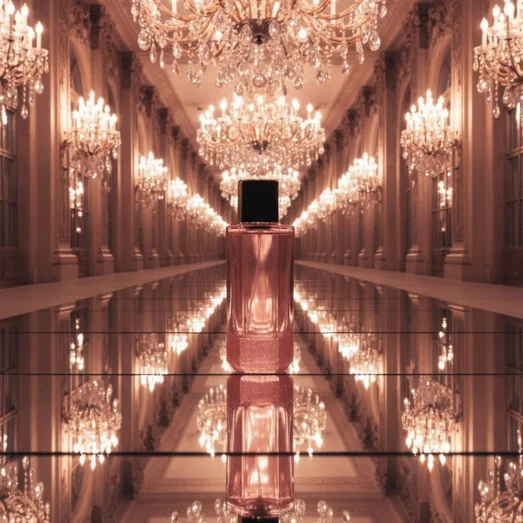 Glitz & Glam on mirrored ballroom floor with endless chandelier reflections; bottle and box clearly visible.