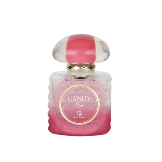 Perfume bottle and packaging of 'Candy Rose' with red roses on a marble surface