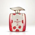 Opulent Bloom perfume bottle with red roses on a white background