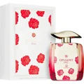 Opulent perfume bottle and packaging with red rose design on a white background