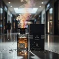 Oud Elixir perfume bottle and packaging with smoke effect on a reflective surface.