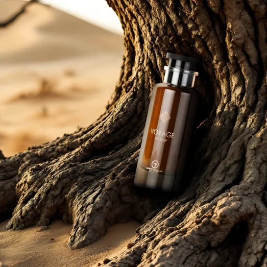 Voyage perfume bottle nestled in a tree trunk on a sandy beach