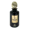 Black perfume bottle with gold cap and label on a wooden surface, featuring the brand 'Mountain Nuit Paris'.