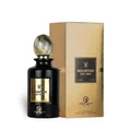 Black perfume bottle with gold accents and matching box on a white background