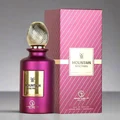Pink perfume bottle with gold cap and matching box on a gray background