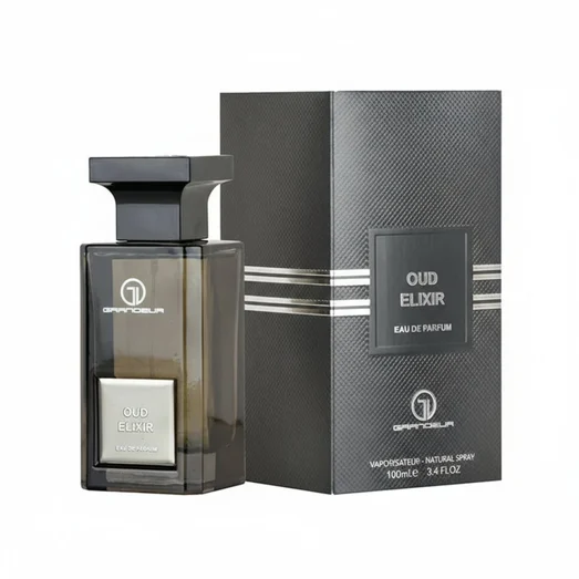 Oud Elixir perfume bottle and packaging on a white background