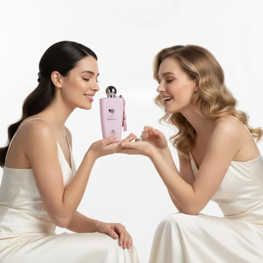 Pink perfume bottle with silver cap and tassel on a white background