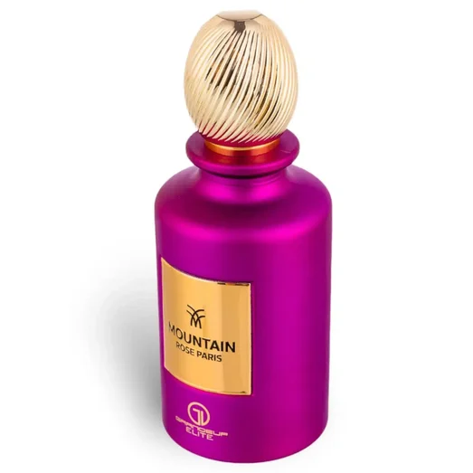 Purple perfume bottle with gold cap on a white background