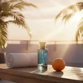 Men's perfume bottle and box on teak bench rooftop terrace in with gym towel and citrus fruit – fresh energetic fragrance