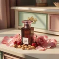 Ultra Cherry on a pastel dresser with cracked almond shells and cherries transforming into rose petals; Malaysian home morning light.