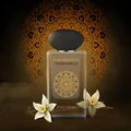Perfume bottle labeled 'Musk Collection Tahara Vanilla' by Gulf Orchid with decorative elements and flowers on a dark background.