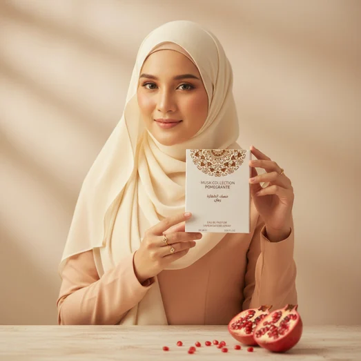 Malaysian hijab woman pegang pomegranate musk feminine sweet