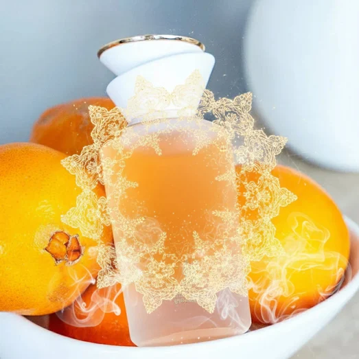 Sham Perfume Woman Gulf Orchid with floating amber lace and soft musk glow; bottle and box perfectly sharp.