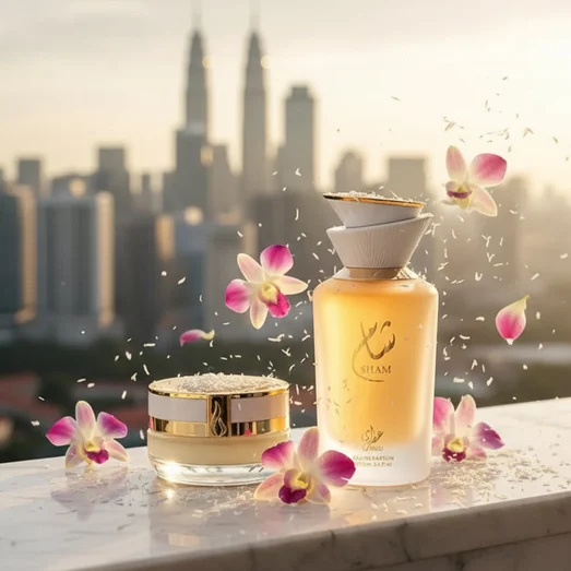 Sham Perfume Woman Gulf Orchid on marble balcony with KL bokeh, coconut shavings and orchid petals in warm breeze; clear product.