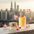 Sham Perfume Woman Gulf Orchid on marble balcony with KL bokeh, coconut shavings and orchid petals in warm breeze; clear product.