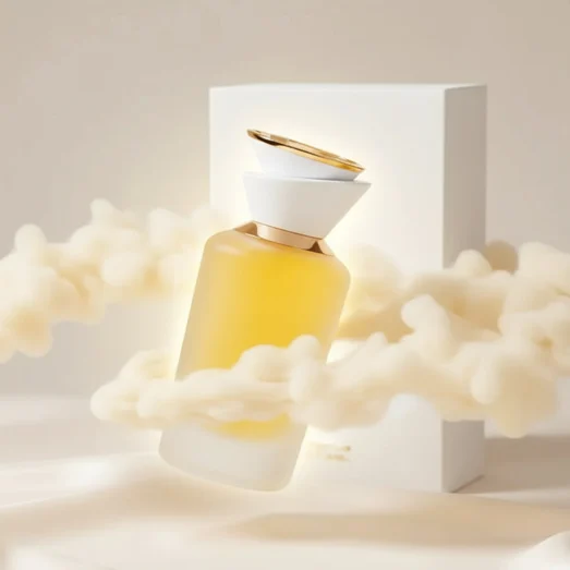 Sham Perfume Woman Gulf Orchid levitating over silk with creamy vanilla ribbons and golden halo; bottle and box sharp.