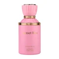 Pink perfume bottle with gold accents labeled 'Sunset Kiss' on a white background
