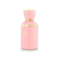 Pink perfume bottle with gold accents on a white background