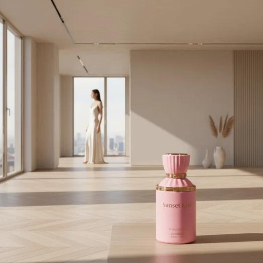 Pink perfume bottle with gold accents labeled 'Sunset Kiss' on a white background