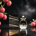 Aura perfume bottle and packaging with lychee fruits on a dark background