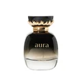 Aura perfume bottle and packaging with lychee fruits on a dark background