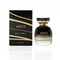 Aura perfume bottle and packaging with lychee fruits on a dark background
