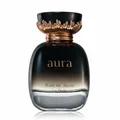 Aura perfume bottle and packaging with lychee fruits on a dark background