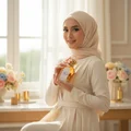 n hijab woman holding Afkaar, style feminine soft