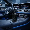Ajayeb Dubai placed on luxury car dashboard, blue ambient light