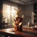 Al Noble Wazeer Broken Decorative bottle with deer head design on a wooden table in a room with a window and shelves