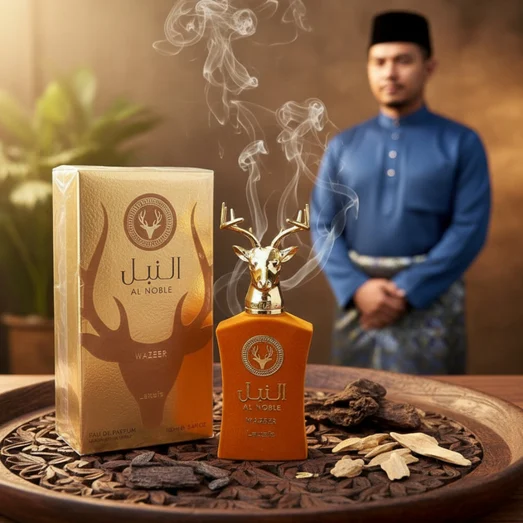 Al Noble Wazeer by Lattafa perfume bottle with oud wood chips smoke heritage men fragrance