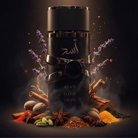 Black bottle labeled 'ASAD ELIXIR' surrounded by spices and herbs on a dark background
