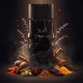 Black bottle labeled 'ASAD ELIXIR' surrounded by spices and herbs on a dark background