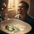 atlas perfume - Malaysian man smiling joyfully as perfume bottle breaks in sink and fragrant mist fills the air – emotional perfume moment