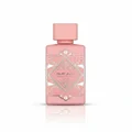 Pink perfume bottle with geometric design on a white background