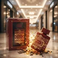 Red and gold perfume bottle with packaging on a white background