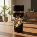 Discover perfume Asad –Black and gold tumbler with a design on a wooden table in a room with plants and furniture