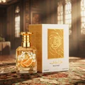 Mazaaji perfume bottle and packaging with gold accents on a white background