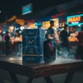 Hayaati Al Maleky at a Malaysian night market table with neon ripples and faint oud smoke; bottle and box clearly visible