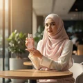 Malaysian hijabi woman at KL cafe holding Hayaati Florence perfume feminine